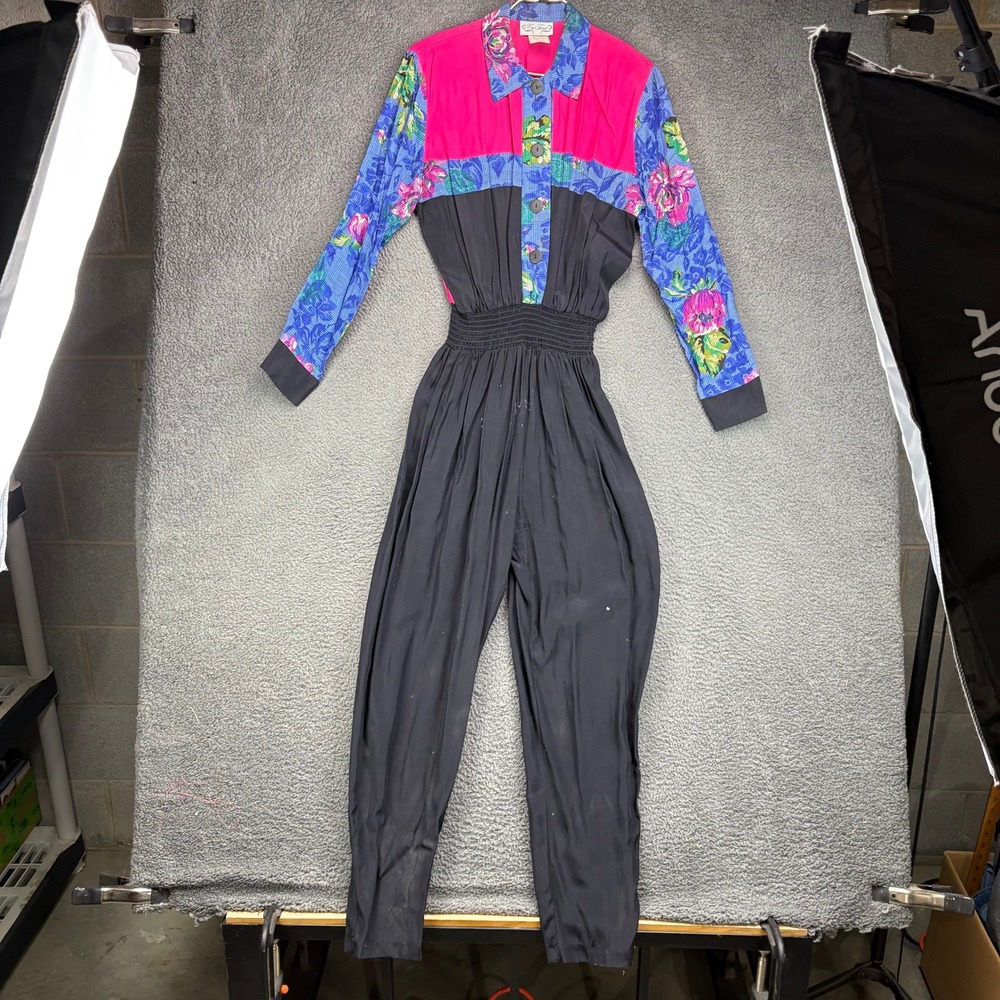 Vintage En Focus Colorblock Floral Jumpsuit Pink Blue Black Size 7/8 Made in USA